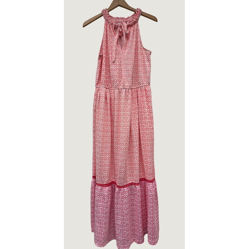 Cabana Life Sundress Womens L Resortwear Geometric Tile Keyhole Tie Coral Pink